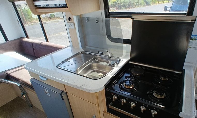 2015 Kea Horizon M721 interior view showing the gas hob in the kitchen.