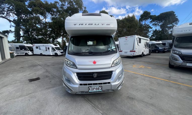 Front view of a 2017 Auto-Trail Tribute 625 motorhome showing the cab and sleek exterior.