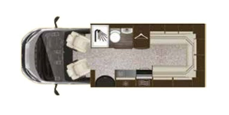 Interior floor layout of the 2017 Auto-Trail Tribute 625 showing kitchen, washroom, and rear lounge arrangement.