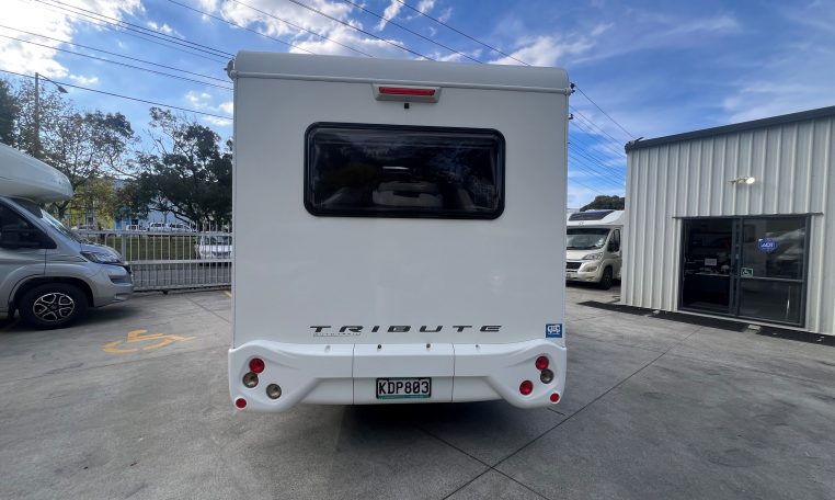 Rear view of the 2017 Auto-Trail Tribute 625 motorhome displaying overall back profile and exterior details.