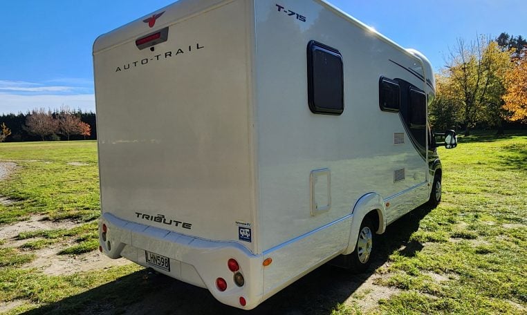 2018 Auto-Trail Tribute 715 motorhome exterior view showing the rear and driver's side.
