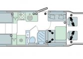 Interior floor layout of the 2018 Bailey Autograph 79-4T motorhome showing the kitchen, washroom, front lounge arrangement and rear bedroom.