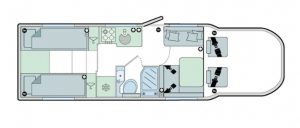 Interior floor layout of the 2018 Bailey Autograph 79-4T motorhome showing the kitchen, washroom, front lounge arrangement and rear bedroom.