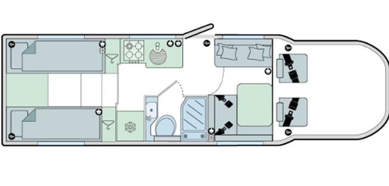 Interior floor layout of the 2018 Bailey Autograph 79-4T motorhome showing the kitchen, washroom, front lounge arrangement and rear bedroom.