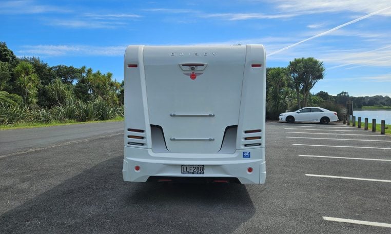 Rear view of the 2018 Bailey Autograph 79-4T motorhome displaying overall back profile and exterior details.