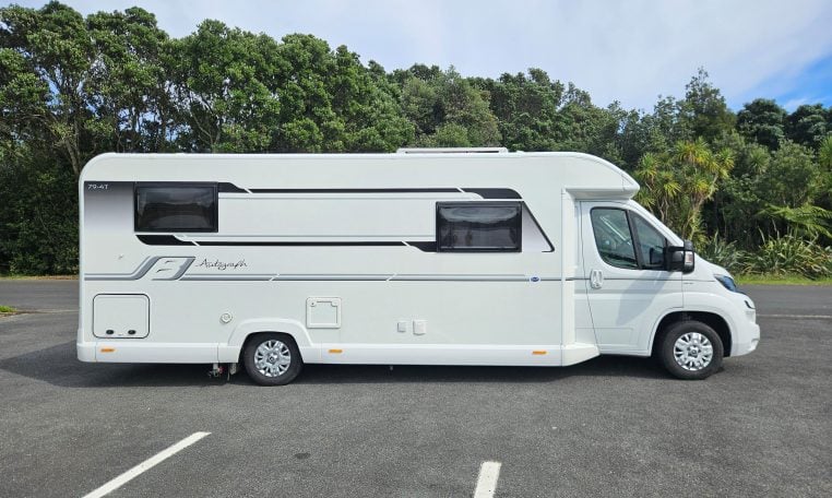 2018 Bailey Autograph 79-4T motorhome exterior showing the driver’s side profile and design.