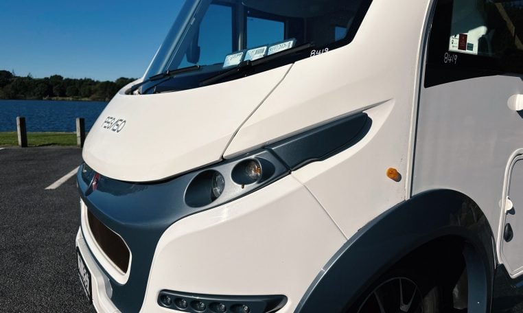 2018 Roller Team Pegaso 745 exterior showing the front cab badge detail.
