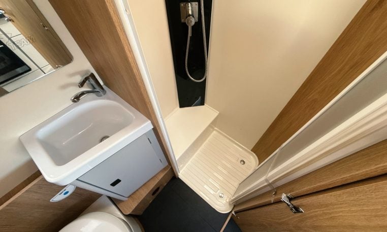 2018 Roller Team Pegaso 745 interior showing the separate shower in the bathroom.