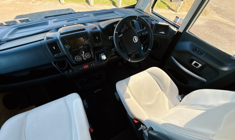2018 Roller Team Pegaso 745 interior showing the dashboard in the front cab.