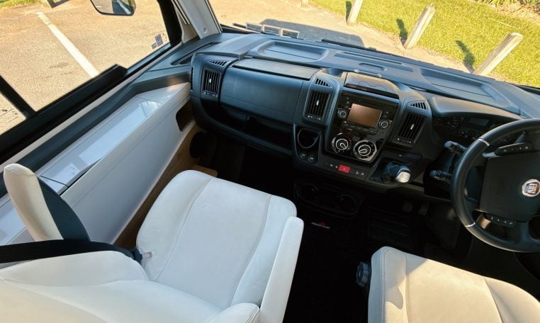 2018 Roller Team Pegaso 745 interior showing the dashboard in the front cab.