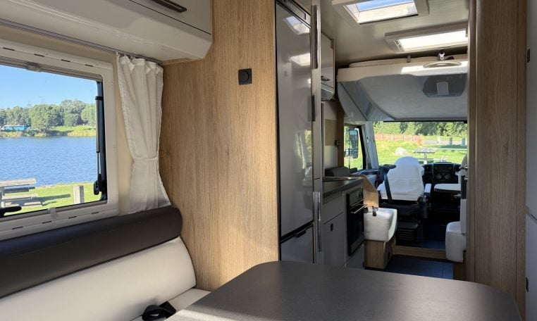 2018 Roller Team Pegaso 745 interior view of the hallway, kitchen and cab.