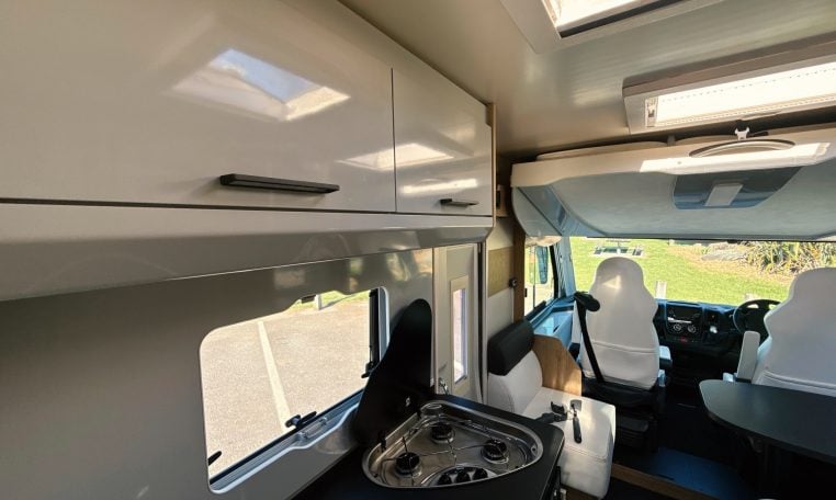 2018 Roller Team Pegaso 745 interior kitchen hob and cab view.
