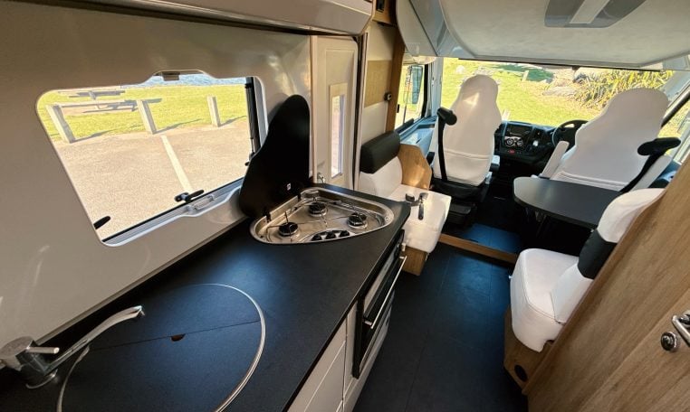 2018 Roller Team Pegaso 745 interior kitchen hob, counter and cab view.