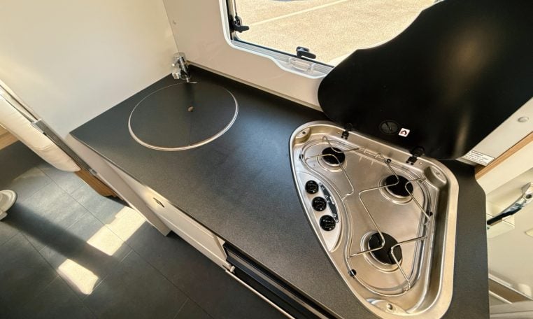 2018 Roller Team Pegaso 745 interior kitchen hob and sink closed.