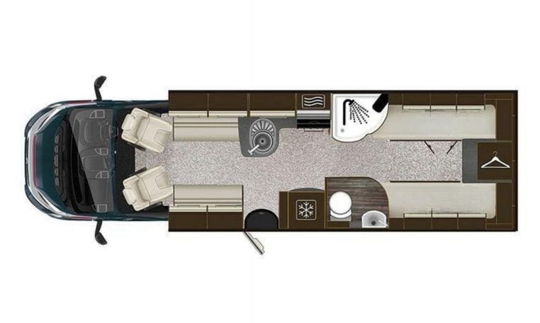 2019 Auto-Trail Frontier Delaware S floorplan showing the motorhome interior layout.