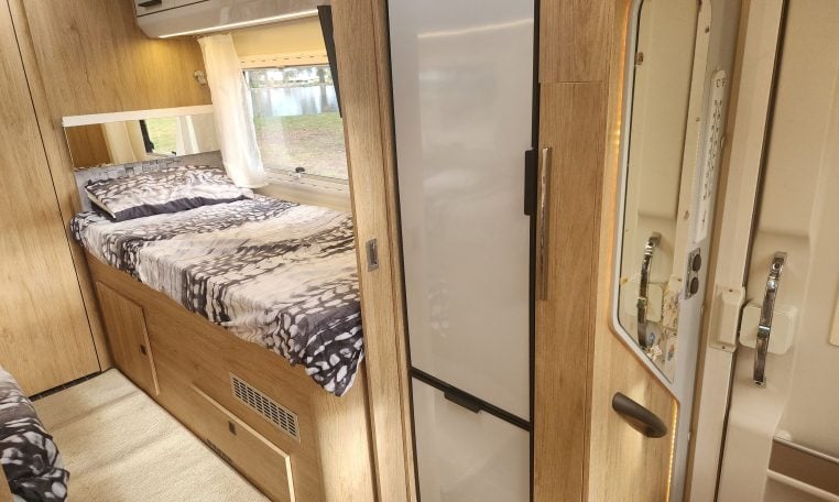 2019 Roller Team T-Line 785 interior view showing the tall fridge.