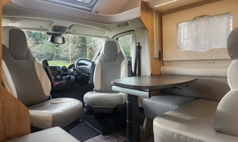 2019 Roller Team T-Line 785 interior view showing the spacious front dinette.