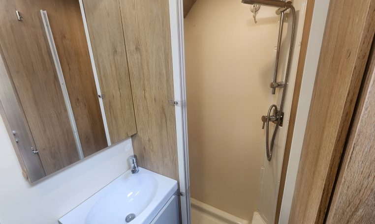 2019 Roller Team T-Line 785 interior view showing the separate shower.