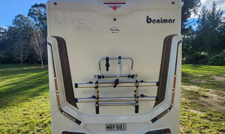 2020 Benimar Mileo 286 motorhome exterior rear view with a bike rack.