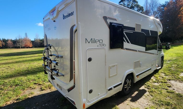 2020 Benimar Mileo 286 motorhome exterior rear and driver's side view.