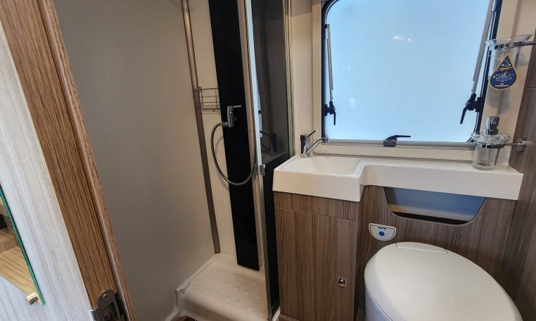 2020 Benimar Mileo 286 motorhome interior view of the bathroom showing the shower.