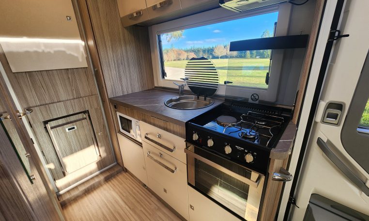 2020 Benimar Mileo 286 motorhome interior view showing the kitchen layout.