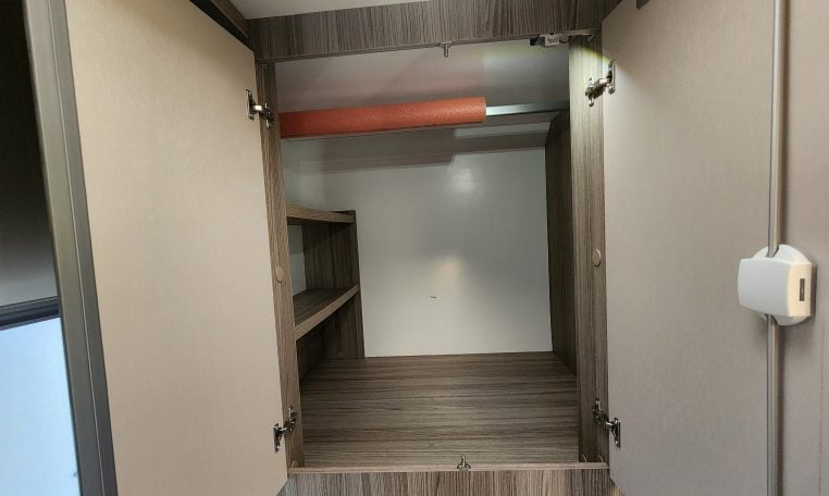 2020 Benimar Mileo 286 motorhome interior view showing the wardrobe in the bathroom for extra storage.