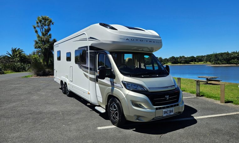 Front-side view of an Auto-Trail Frontier Comanche motorhome showing cab and camper exterior.