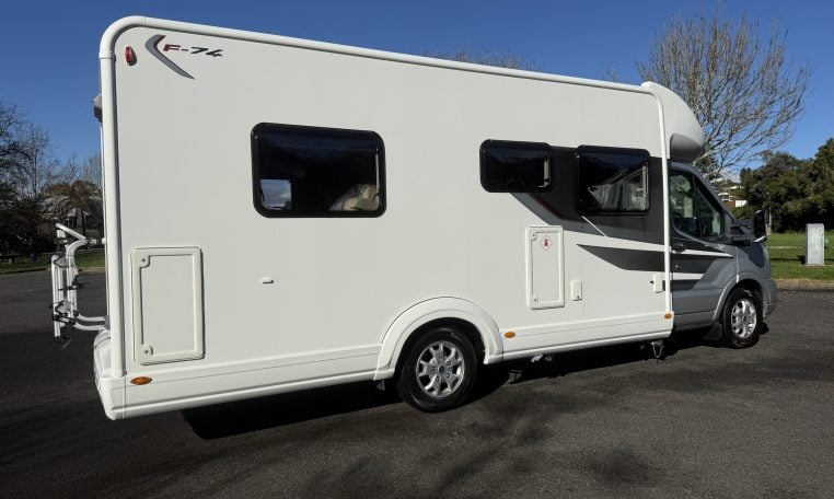 2021 Auto-Trail F-Line F74 exterior view showing the bike rack.
