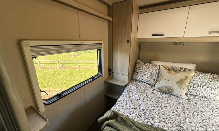 2021 Auto-Trail F-Line F74 interior view showing the wide bedroom window.