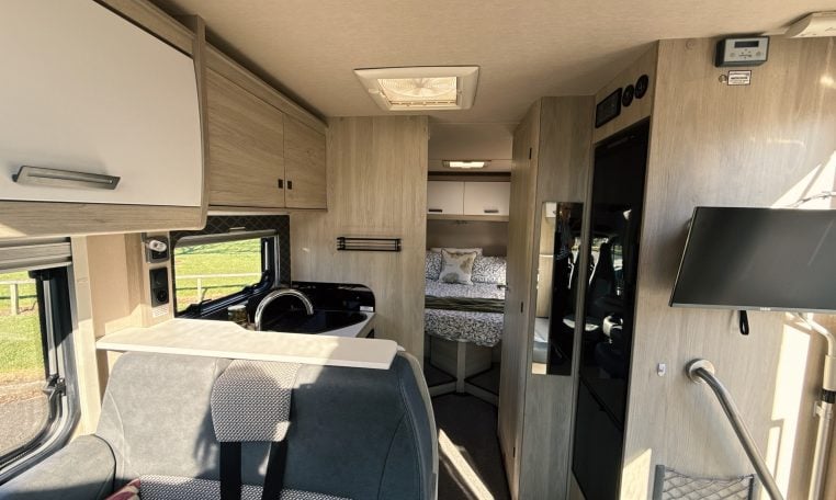 2021 Auto-Trail F-Line F74 interior view showing the passenger seatbelts.