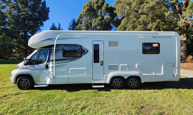 2021 Auto-Trail Frontier Comanche motorhome exterior side view showing the habitation door.