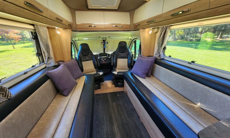 2021 Auto-Trail Frontier Comanche motorhome interior view of the front lounge.