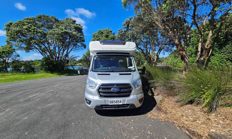 Front view of an Auto-Trail F-Line F62 motorhome showing the cab and sleek exterior design.