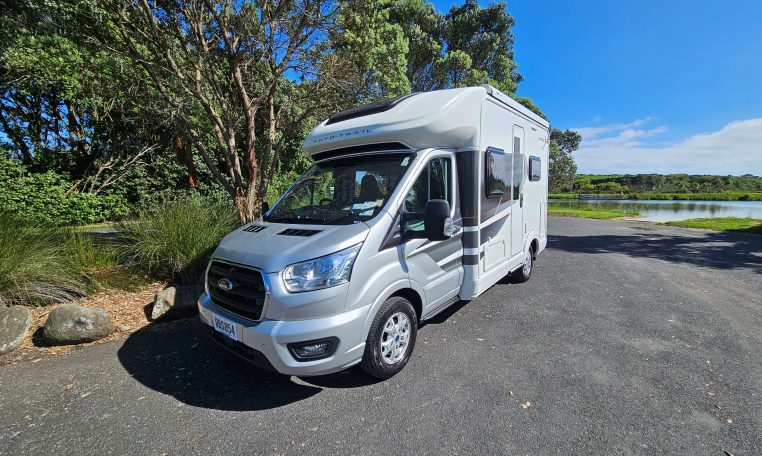 Exterior profile of the Auto-Trail F-Line F62 motorhome showing side view, windows, and overall design layout.