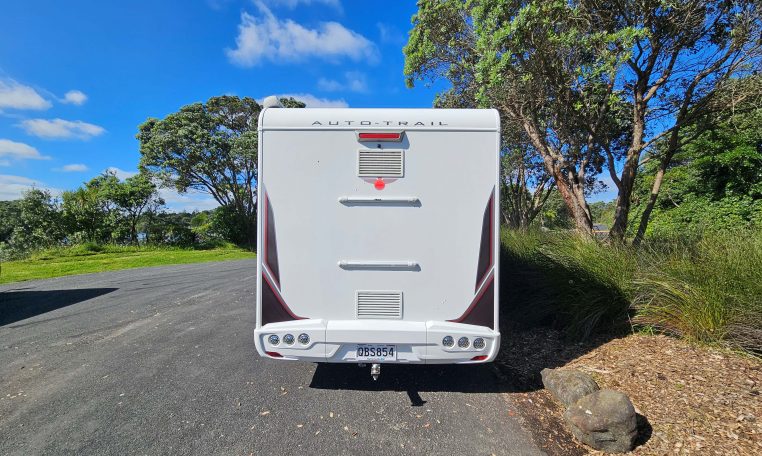Rear view of the Auto-Trail F-Line F62 motorhome displaying overall back profile and exterior details.