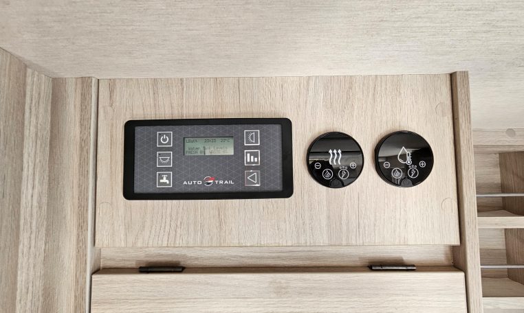 Auto-Trail F-Line F62 motorhome control board displaying system controls.