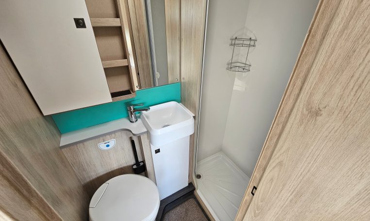Modern separate shower in the Auto-Trail F-Line F62, designed for comfort and convenient motorhome living.