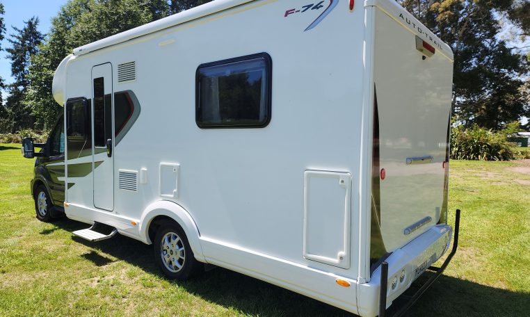 Exterior storage locker on the 2022 Auto-Trail F-Line F74 for convenient, secure storage of belongings on the move.