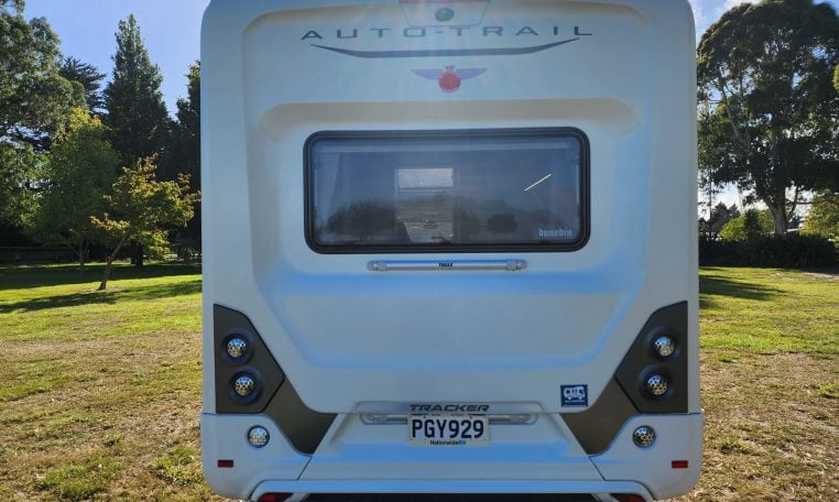 Rear view of the 2022 Auto-Trail Tracker RL motorhome displaying overall back profile and exterior details.