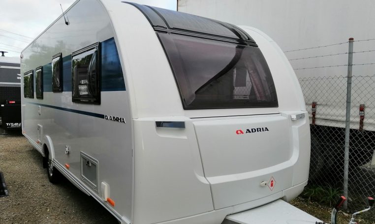 2023 Adria Altea Dart caravan exterior front and side view.