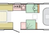 Detailed interior layout of an Adria Altea Dart caravan with clearly arranged living, kitchen, bathroom and bedroom spaces.