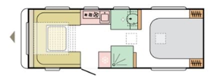 Detailed interior layout of an Adria Altea Dart caravan with clearly arranged living, kitchen, bathroom and bedroom spaces.