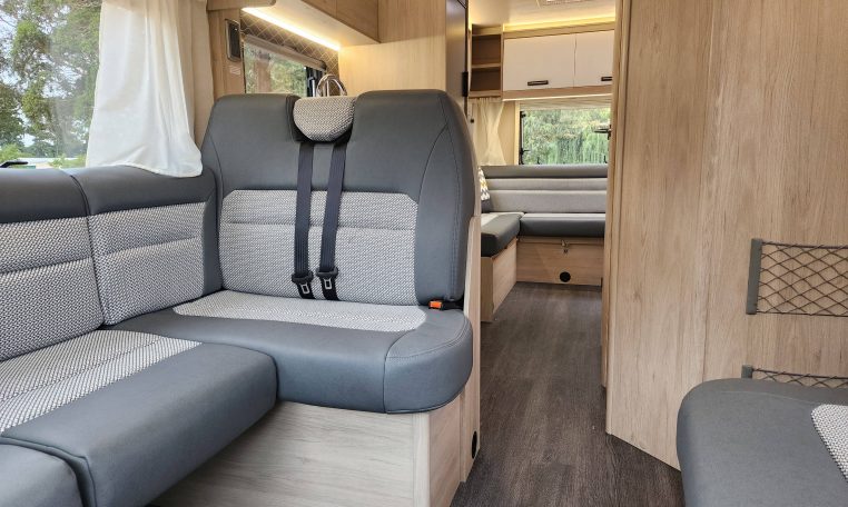 2023 Auto-Trail F72 4-berth motorhome interior view showing the passenger seatbelts.
