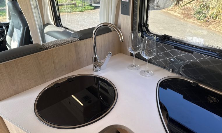 2023 Auto-Trail F72 4-berth motorhome interior view of the kitchen.