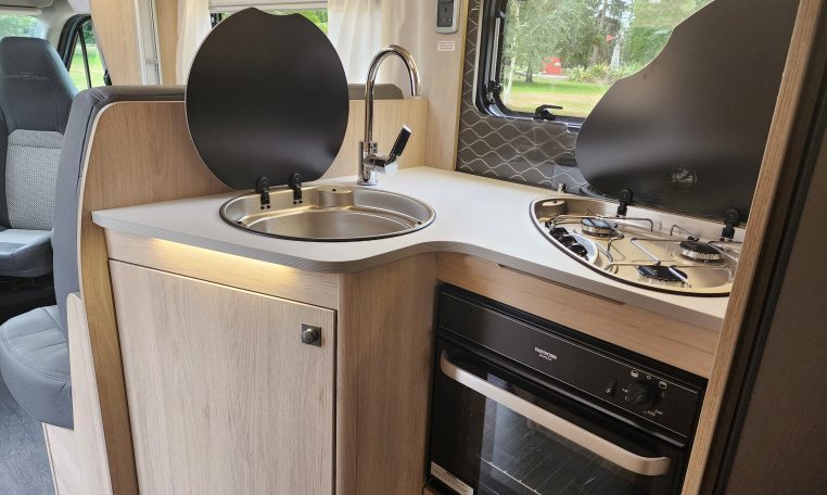 2023 Auto-Trail F72 4-berth motorhome interior view of the kitchen showing the oven.