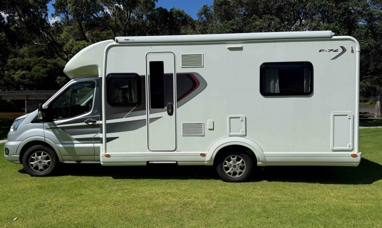2023 Auto-Trail F74 exterior view showing the habitation door.