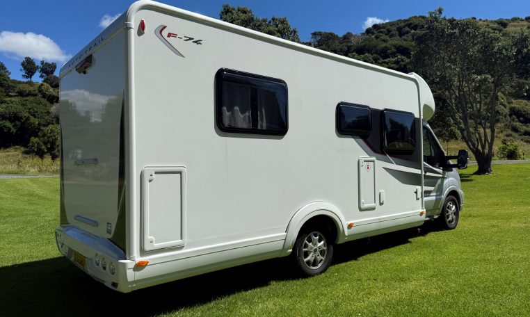2023 Auto-Trail F74 exterior rear side view.