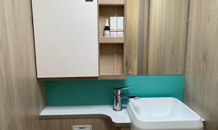 2023 Auto-Trail F74 interior view of the bathroom showing the handbasin.
