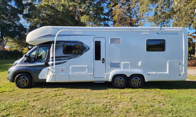 2023 Auto-Trail Frontier Comanche exterior view showing the habitation door.